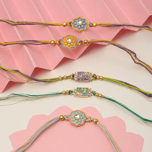 Colorful rakhi  featuring pearls and beads.