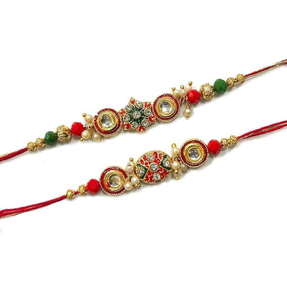 Traditional red and green rakhi with beads, a symbol of love and protection between siblings.