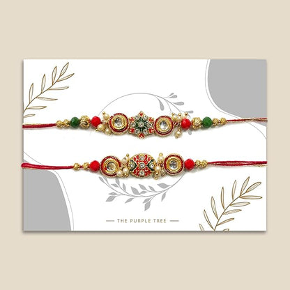 Vibrant red and green rakhi with beads, a traditional symbol of sibling love and unity.