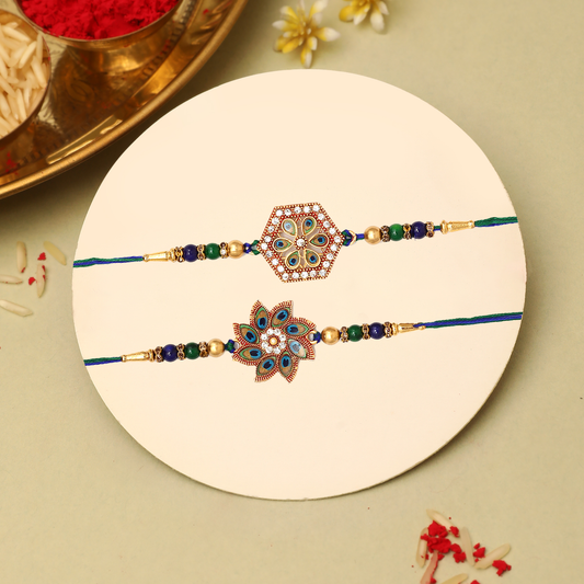 Peacock Feather Flower Kundan Rakhi