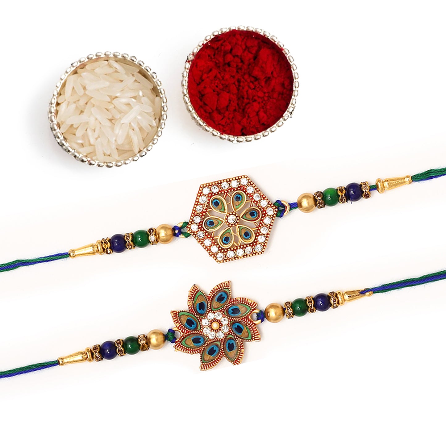 Peacock Feather Flower Kundan Rakhi