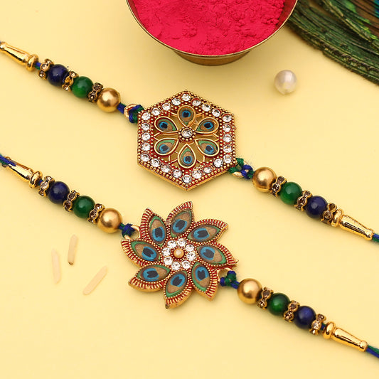 Peacock Feather Flower Kundan Rakhi