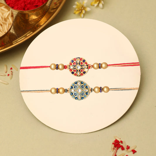 Red and Blue Floral Kundan Rakhi