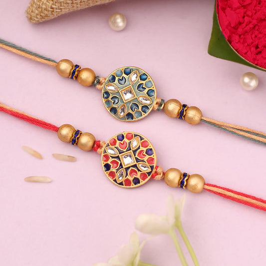 Red and Blue Floral Kundan Rakhi