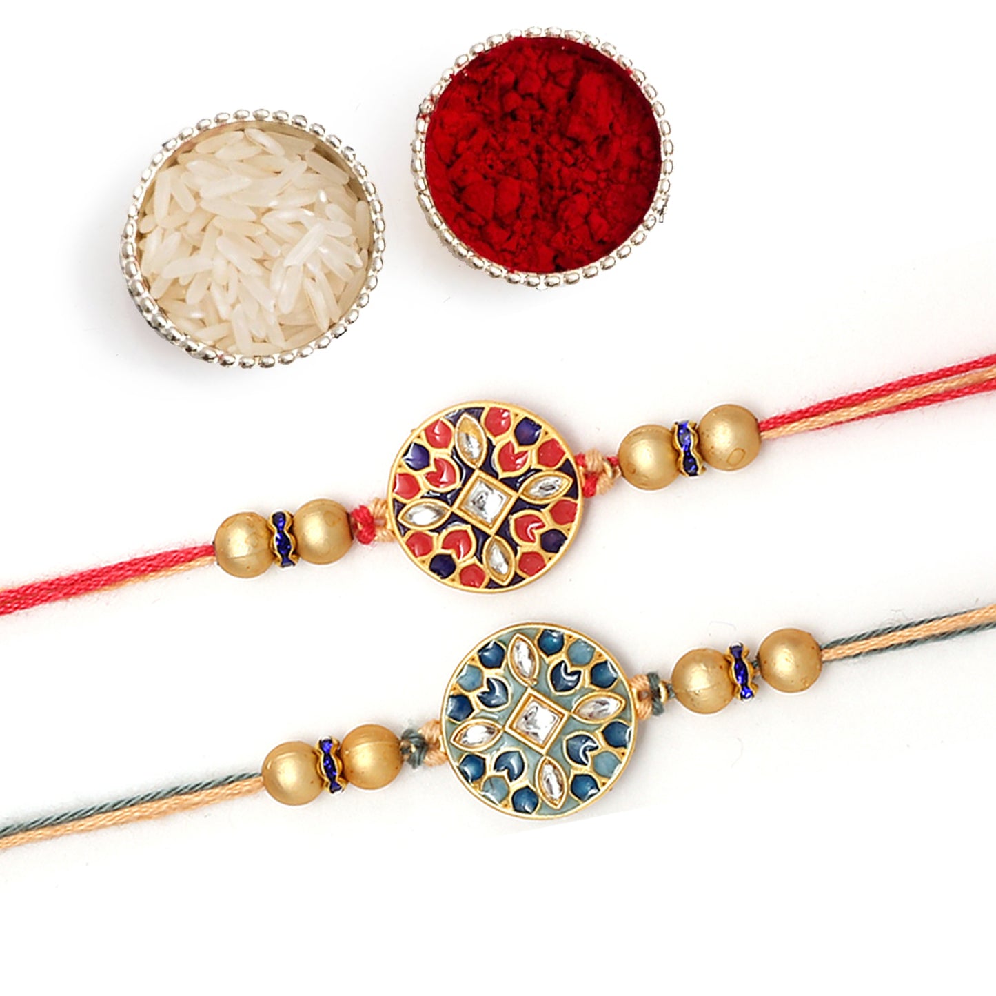 Red and Blue Floral Kundan Rakhi