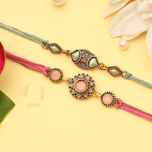 Pink and Green Meenakri Kundan Rakhi
