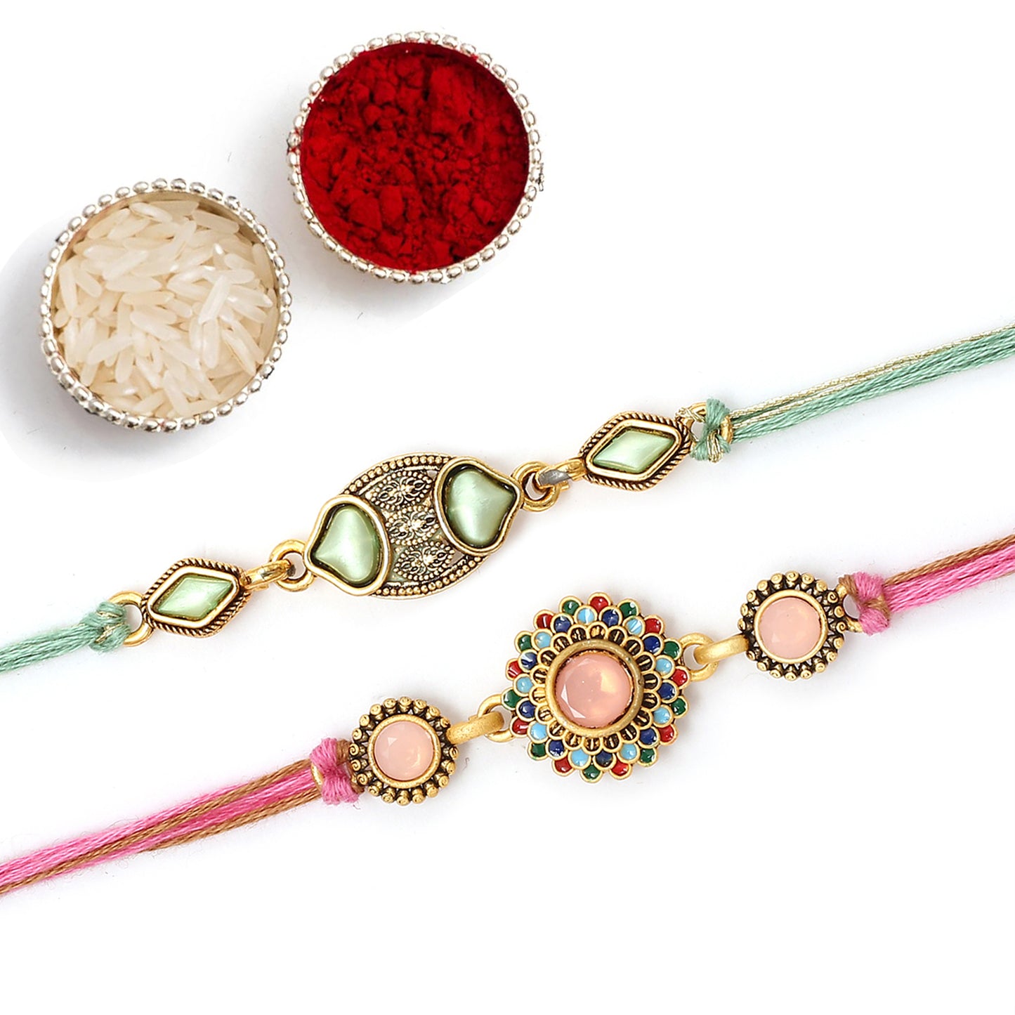 Pink and Green Meenakri Kundan Rakhi