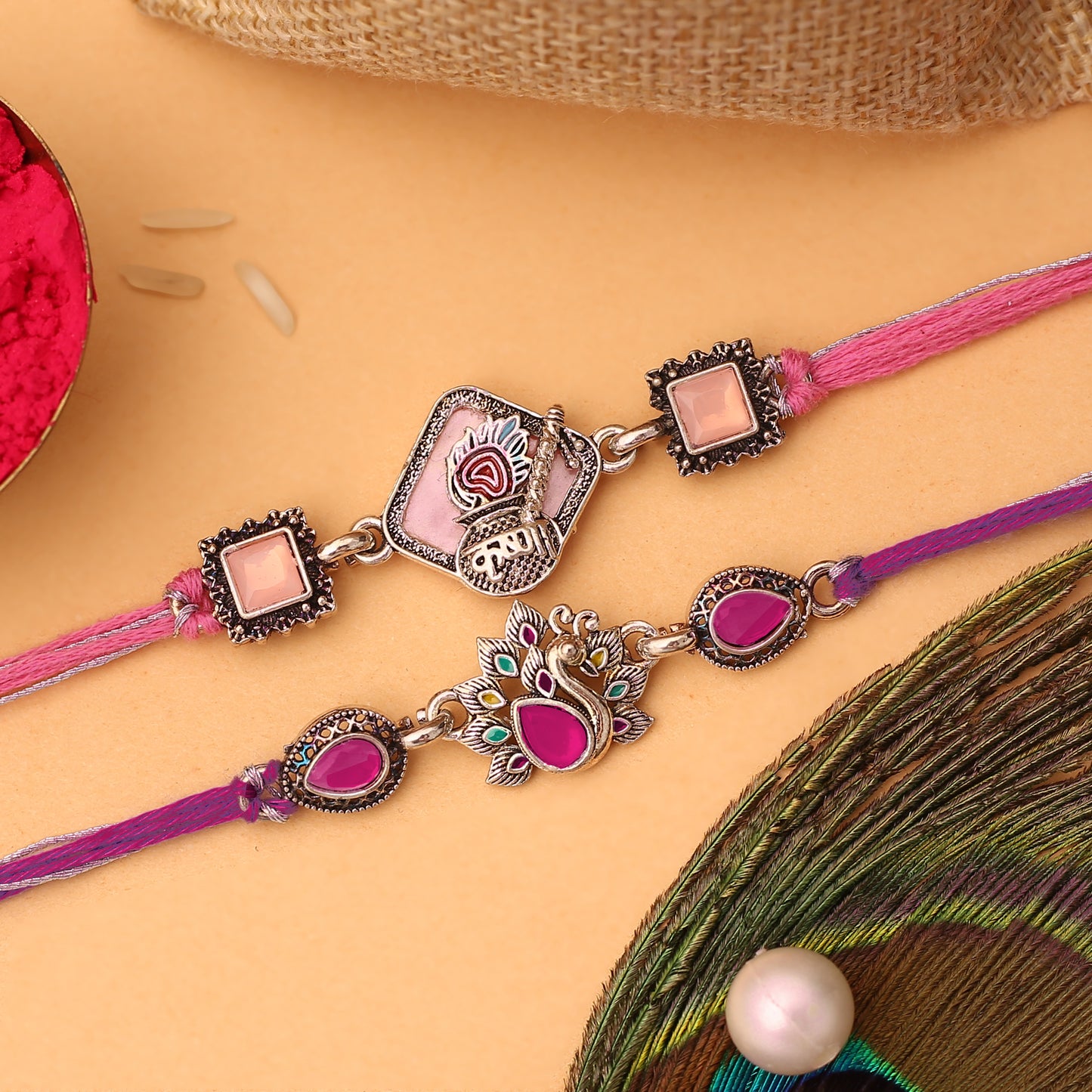 Purple and Pink Krishna Peacock Rakhi
