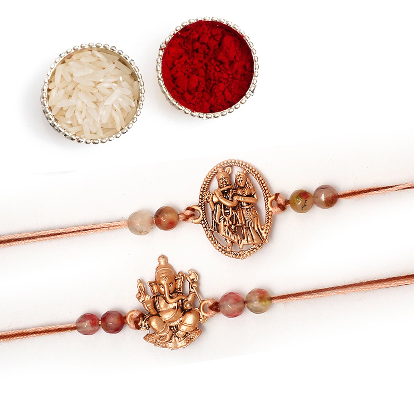 Rose Gold Divine Ganesha and Radha Krishna Rakhi