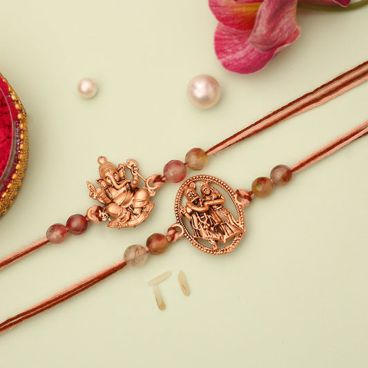 Rose Gold Divine Ganesha and Radha Krishna Rakhi