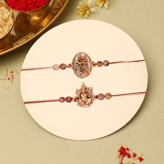 Rose Gold Divine Ganesha and Radha Krishna Rakhi