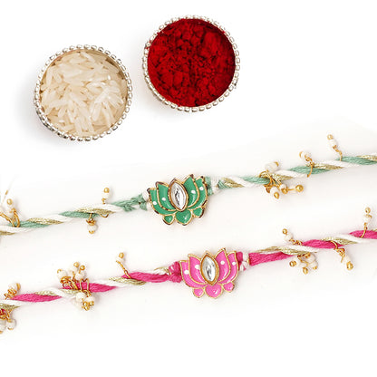 Pink and Green Meenakari Lotus Kundan Rakhi