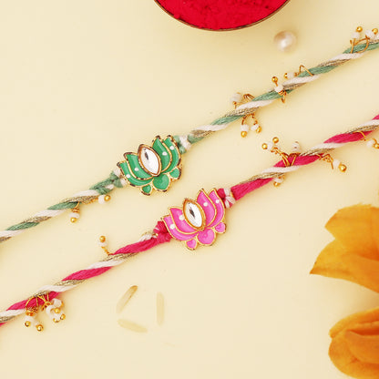 Pink and Green Meenakari Lotus Kundan Rakhi