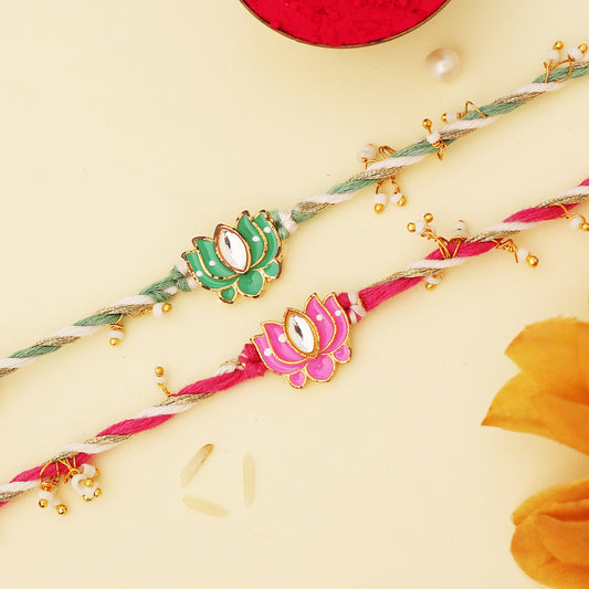 Pink and Green Meenakari Lotus Kundan Rakhi