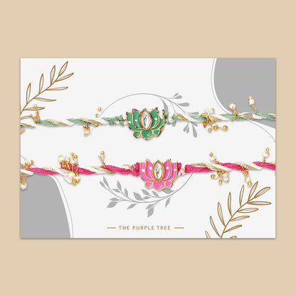 Pink and Green Meenakari Lotus Kundan Rakhi