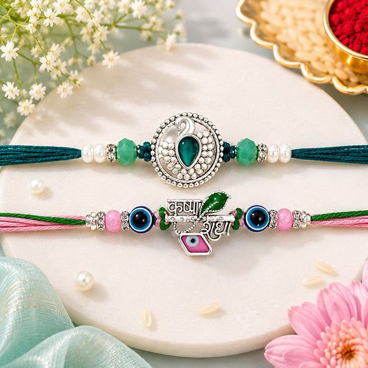 Peacock & Krishna Rakhis with Evil Eye Beads