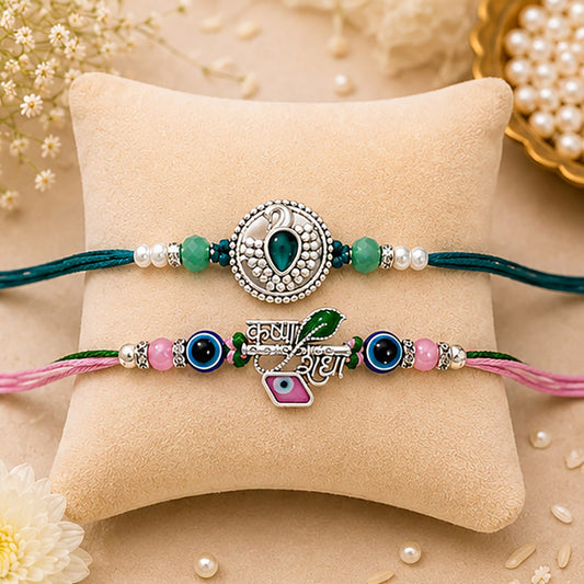 Peacock & Krishna Rakhis with Evil Eye Beads