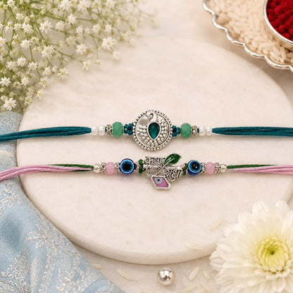 Peacock & Krishna Rakhis with Evil Eye Beads