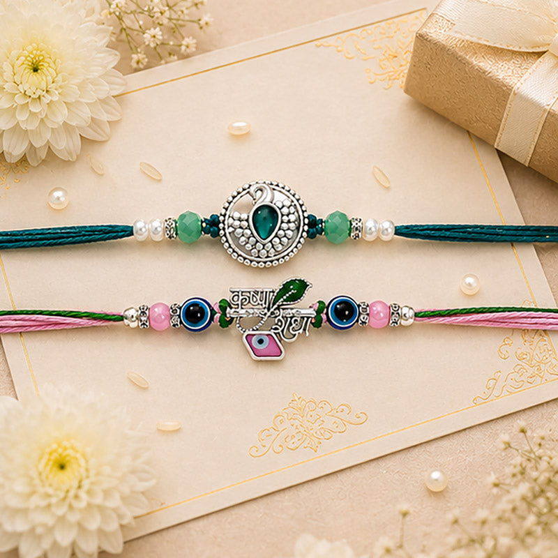 Peacock & Krishna Rakhis with Evil Eye Beads