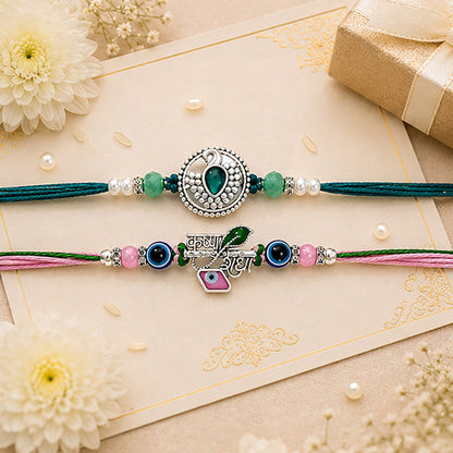 Peacock & Krishna Rakhis with Evil Eye Beads