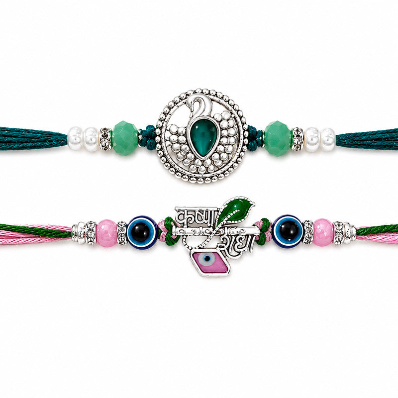 Peacock & Krishna Rakhis with Evil Eye Beads