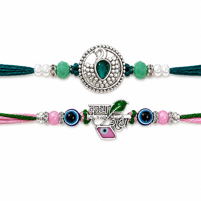 Peacock & Krishna Rakhis with Evil Eye Beads