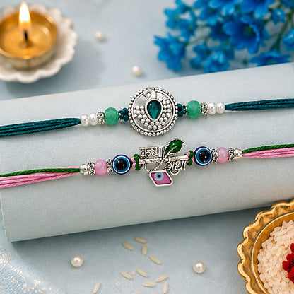 Peacock & Krishna Rakhis with Evil Eye Beads