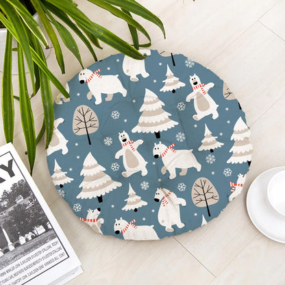 Round floor mat featuring polar bears and trees in a whimsical design.