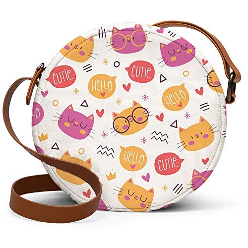 Round sling bag with cute cat face pattern in multicolor