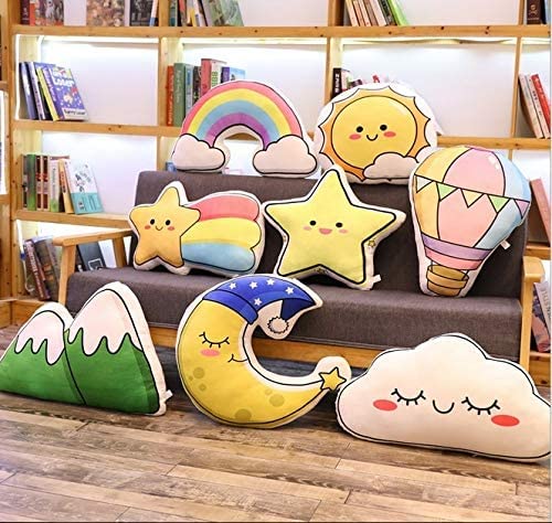 A delightful cartoon pillow featuring adorable clouds, a cheerful sun, a serene moon, and twinkling stars.A cute cartoon pillow with clouds, sun, moon, and stars. Perfect for dreamy nights and cozy naps!