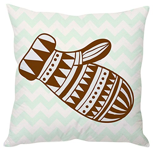 A decorative pillow featuring a brown and white design, prominently displaying a mitten motif.

