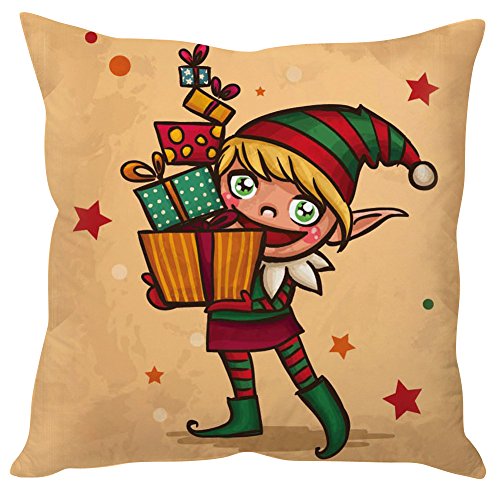 A cute pillow featuring a cartoon elf joyfully holding colorful presents. Perfect for holiday decor!

