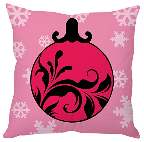A pink and black Christmas ball pillow featuring an elegant black design, perfect for festive decor.

