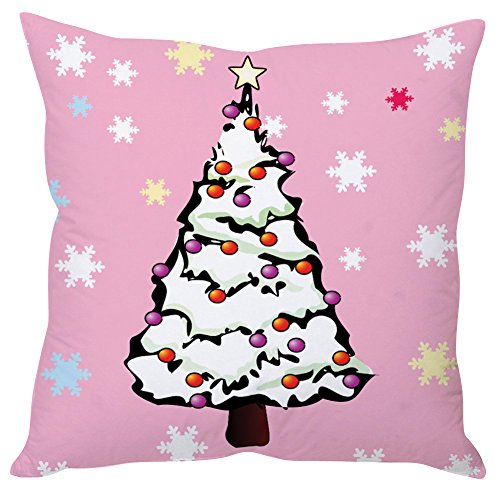 A cozy pink Christmas tree pillow adorned with delicate snowflakes and stars, perfect for festive decor.


