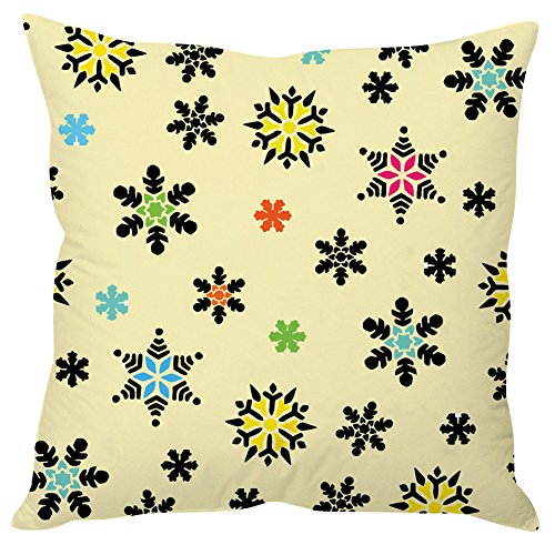 A decorative pillow featuring vibrant, multicolored snowflakes against a soft background.

