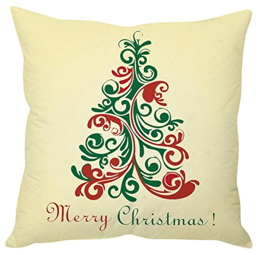 A decorative pillow featuring a Christmas tree design and the phrase "Merry Christmas" in festive lettering.

