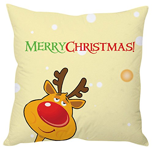 A decorative pillow featuring a reindeer and the text "Merry Christmas" in festive colors.

