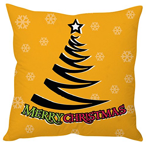 A yellow pillow featuring a cheerful Christmas tree design, perfect for festive home decor.

