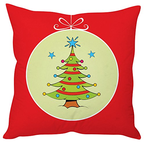 A red and white Christmas tree pillow adorned with a decorative bow, perfect for festive home decor.

