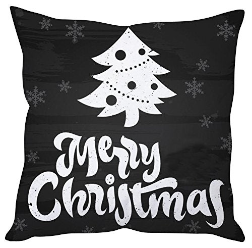 A black and white Christmas pillow featuring the phrase "Merry Christmas" elegantly displayed.

