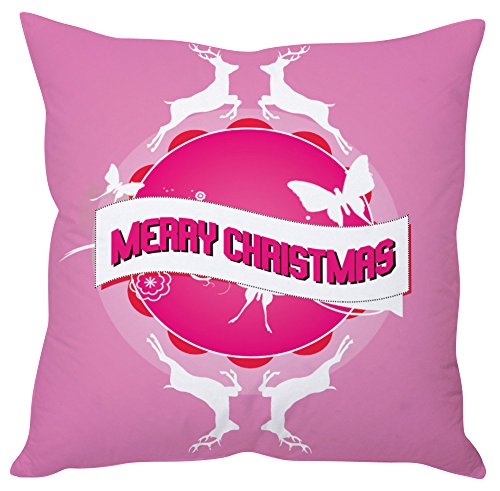A pink cushion featuring a cheerful Christmas design, perfect for festive home decor.


