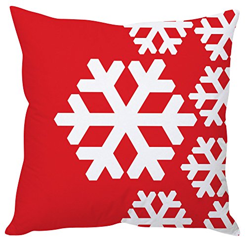 A red and white pillow adorned with snowflakes, adding a festive touch to any decor.

