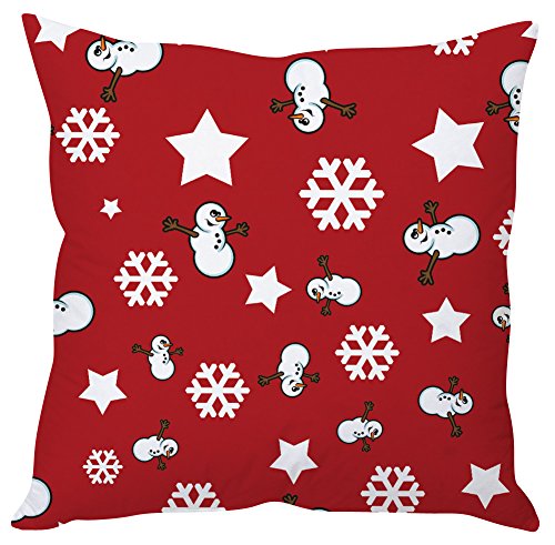 A red pillow featuring cheerful snowmen and decorative stars, adding a festive touch to any space.

