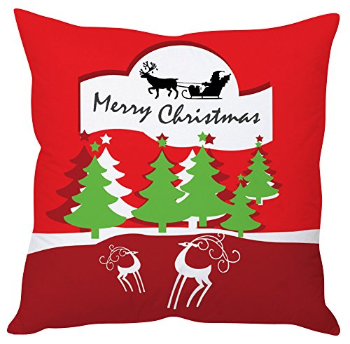 A festive red and green pillow featuring a cheerful Christmas tree and a playful reindeer design.

