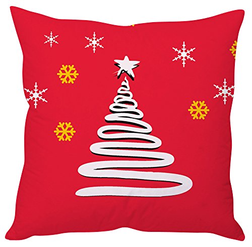 A cozy red Christmas tree pillow adorned with white snowflakes and stars, perfect for holiday decor.

