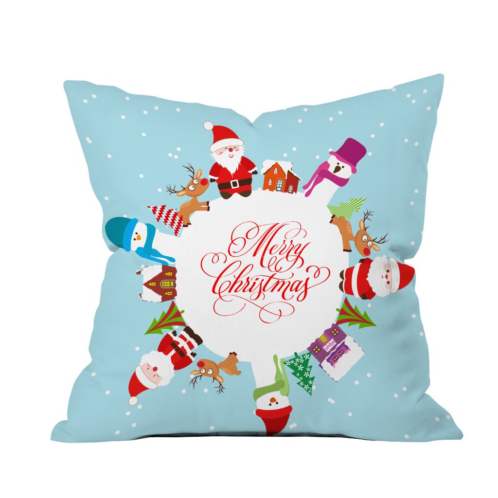 A festive Christmas pillow featuring Santa Claus surrounded by cheerful snowmen, adding holiday spirit to any decor.