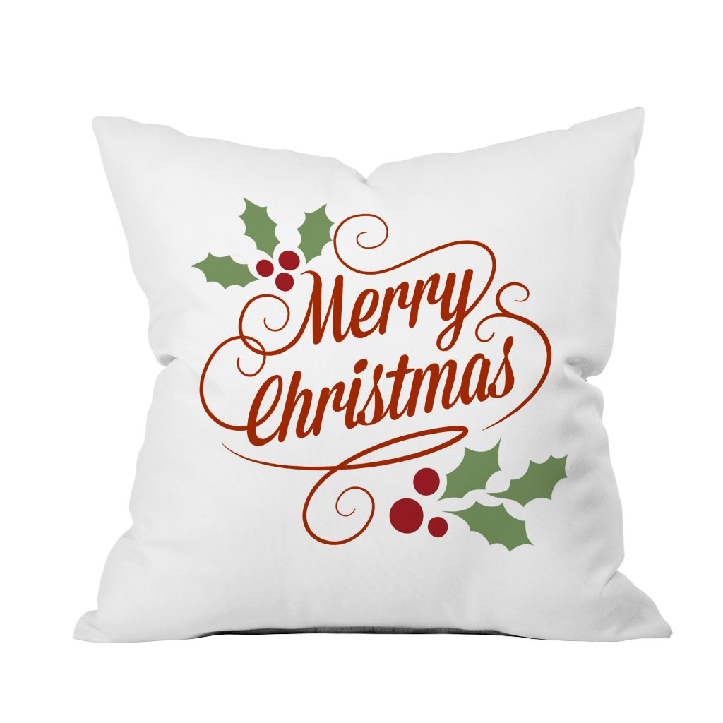 A festive throw pillow featuring a cheerful "Merry Christmas" design, perfect for holiday home decor.
