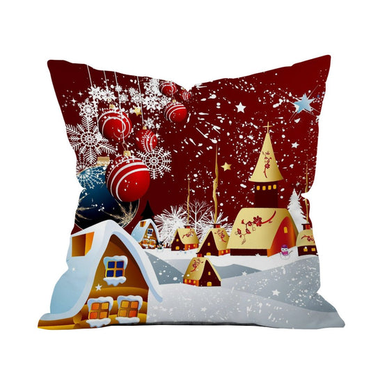 Christmas pillow cover featuring snowflakes and festive decorations, adding a cozy holiday touch to any decor.

