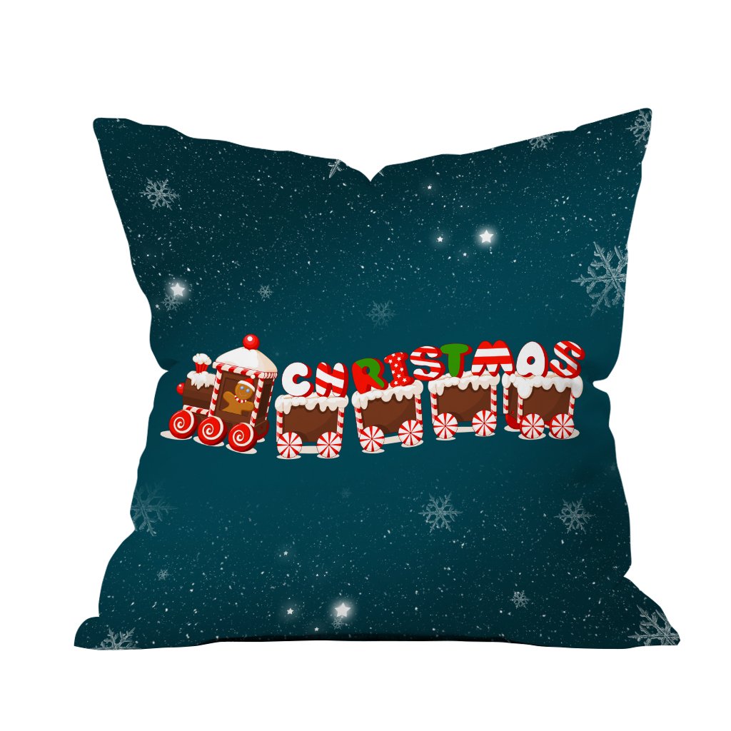 A cozy pillow featuring a festive Christmas train design, perfect for holiday decor and seasonal comfort.

