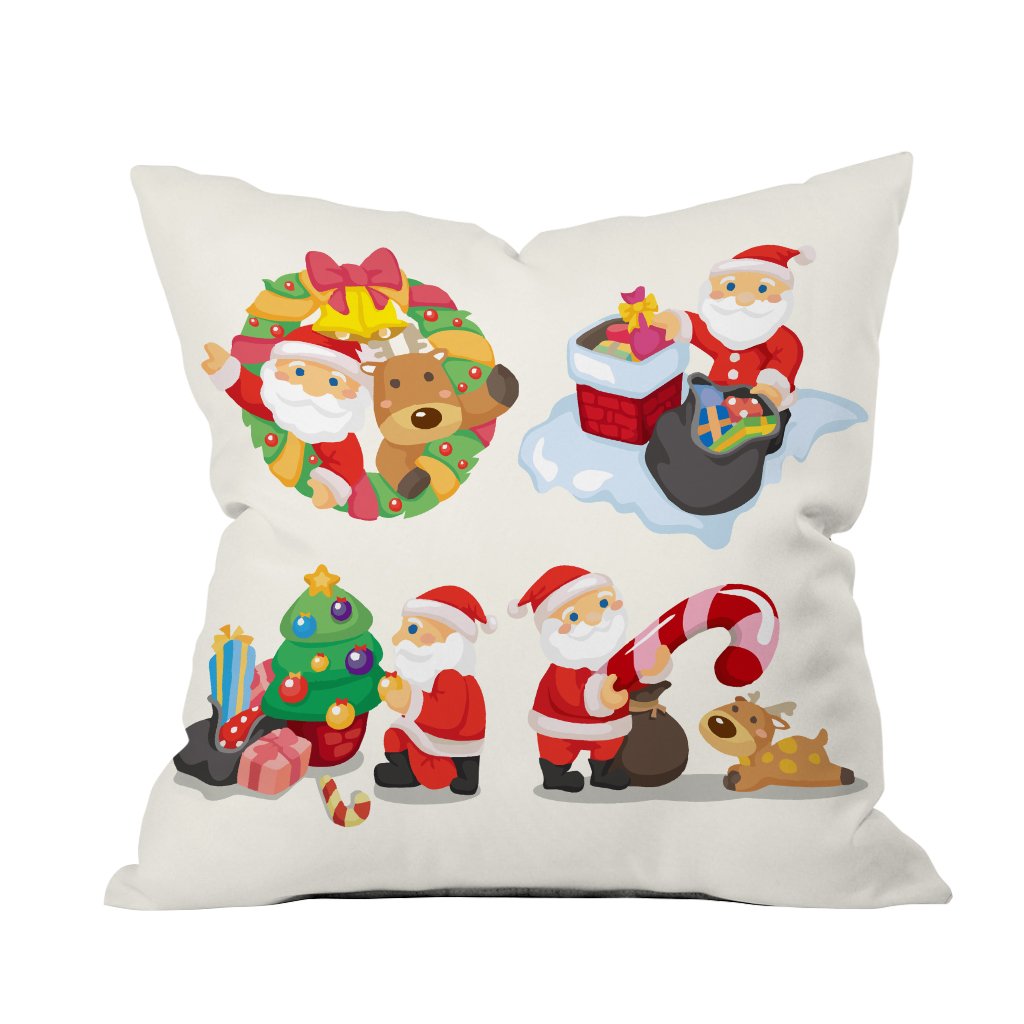 Santa Claus and friends pillow cover featuring festive designs, perfect for holiday decor and cozy winter vibes.

